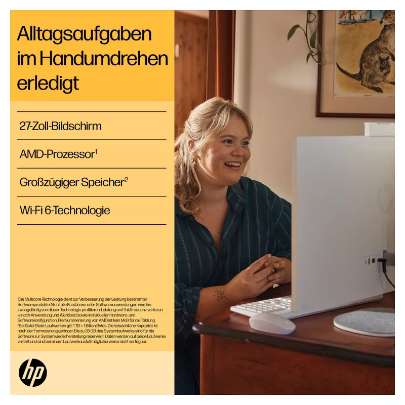 HP 27-cr0471ng - Viss-vienā (pilnīgs risinājums) - Ryzen 7 7730U - RAM 16 GB - SSD 512 GB - NVMe - Radeon Graphics - 1GbE, Wi-Fi 6, Bluetooth - WLAN: 802.11a/b/g/n/ac/ax, Bluetooth