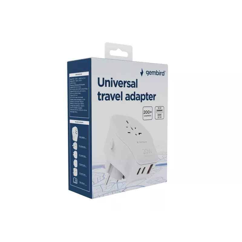 Sienas ceļojumu adapteris GEMBIRD TPA-1A2C20-02-W 20W — 1×USB-A + 2×USB-C, Type G spraudnis, 100–250V, balts