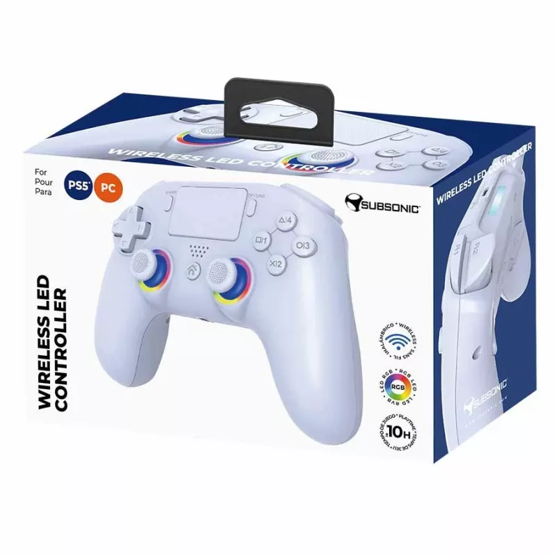 Subsonic PS5 bezvadu LED kontrolieris, balts, D-pad, Home, Options, Share