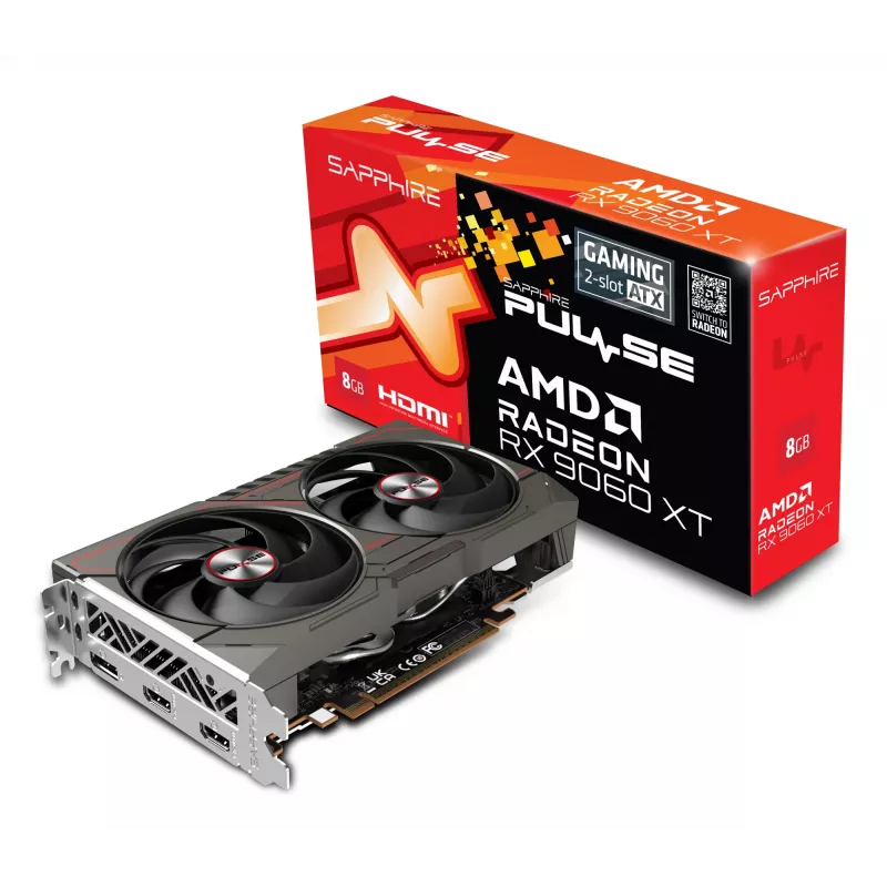 Grafikas karte Sapphire Radeon RX 9060 XT — 8 GB GDDR6, 128 bitu, PCIe x16 5.0, divu ventilatoru dzesēšana