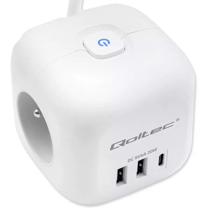 Power Cube QOLTEC 52547 strāvas sadalītājs 3× maiņstrāvas kontaktligzdas, 2× USB-A, 1× USB-C PD 20W