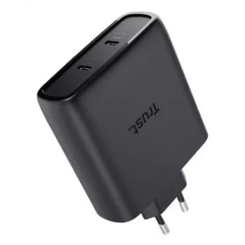 TRUST Maxo 100W 2-portu USB-C GaN lādētājs — 100 W, 2× USB-C, maks. 20 V, 2 m kabelis, melns