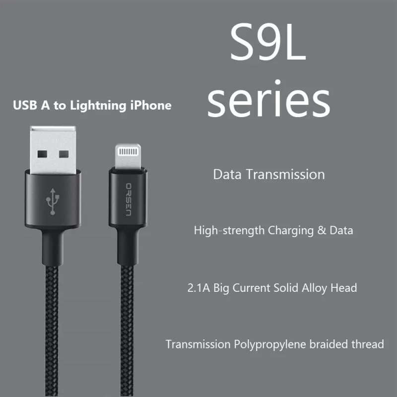 USB-A uz Lightning kabelis Orsen S9L 1 m 2.1A — melns