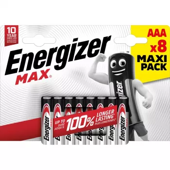 Vienreizlietojamā baterija Energizer MAX AAA Alkaline 1.5V — iepakojumā 8, cilindriska, 10 gadu glabāšanas laiks