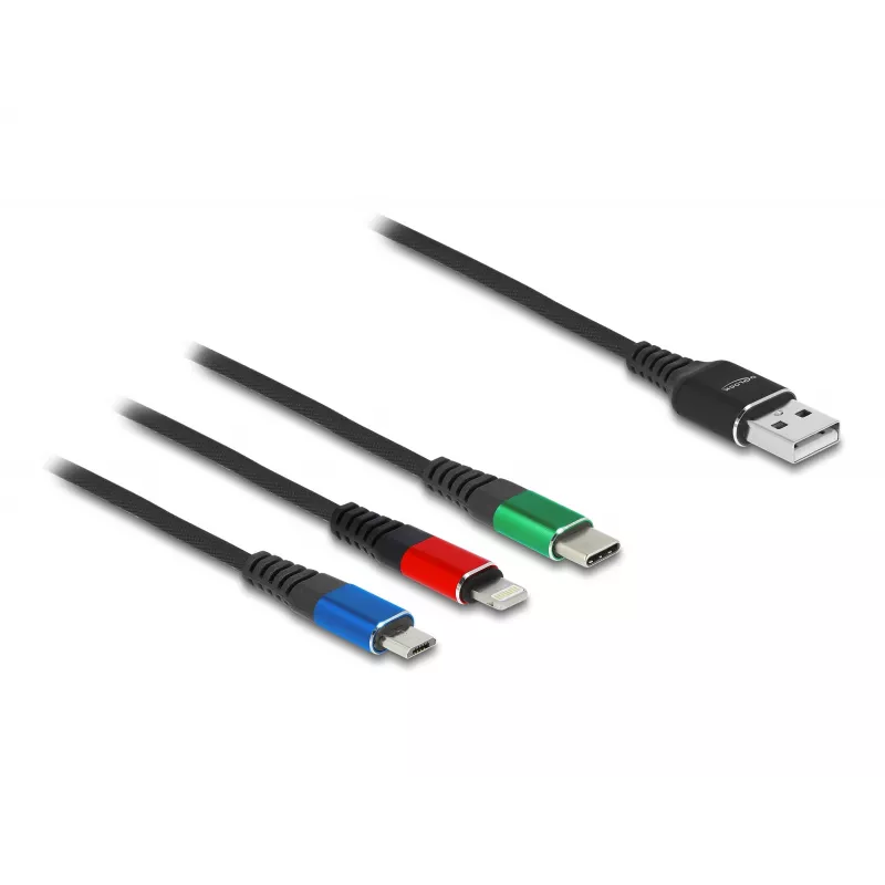 DeLOCK USB lādēšanas kabelis 3-in-1 Type-A uz Lightning, Micro USB, USB Type-C 30 cm