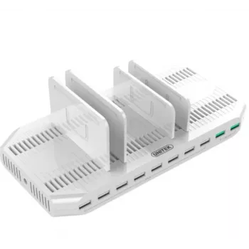 Uzlādes stacija Unitek Y-2190A — 10 × USB ports (8 × USB 2.0 + 2 × USB 3.2 Gen 1), bezvadu uzlāde, 96 W kopējā jauda