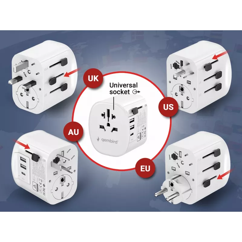 Ceļojumu adapteris GEMBIRD TPA-EU2A1C15-01-W — 15 W, E tipa kontaktdakša, 2× USB-A + 1× USB-C, 100–250 V