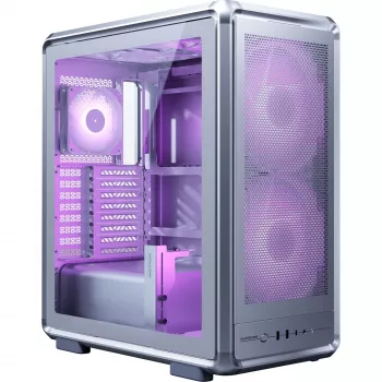 PC Midi Tower Cooler Master MasterFrame 500 Mesh — melns ar caurspīdīgu sānu, atbalsta ATX barošanas blokus, 2x200mm priekšā + 1x120mm aizmugurē, 2.5 collu/3.5 collu diski