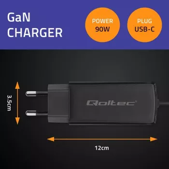 GaN 90W lādētājs QOLTEC 52420 USB-C PD 5–20V 3A/4.5A izeja, 220–240V ieeja, 1,8 m kabelis, melns