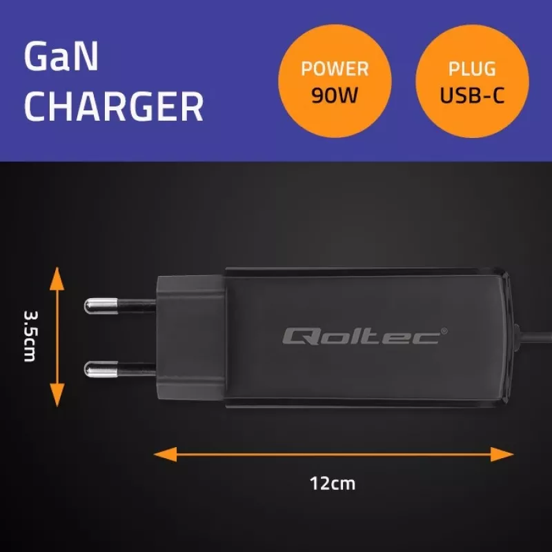 GaN 90W lādētājs QOLTEC 52420 USB-C PD 5–20V 3A/4.5A izeja, 220–240V ieeja, 1,8 m kabelis, melns