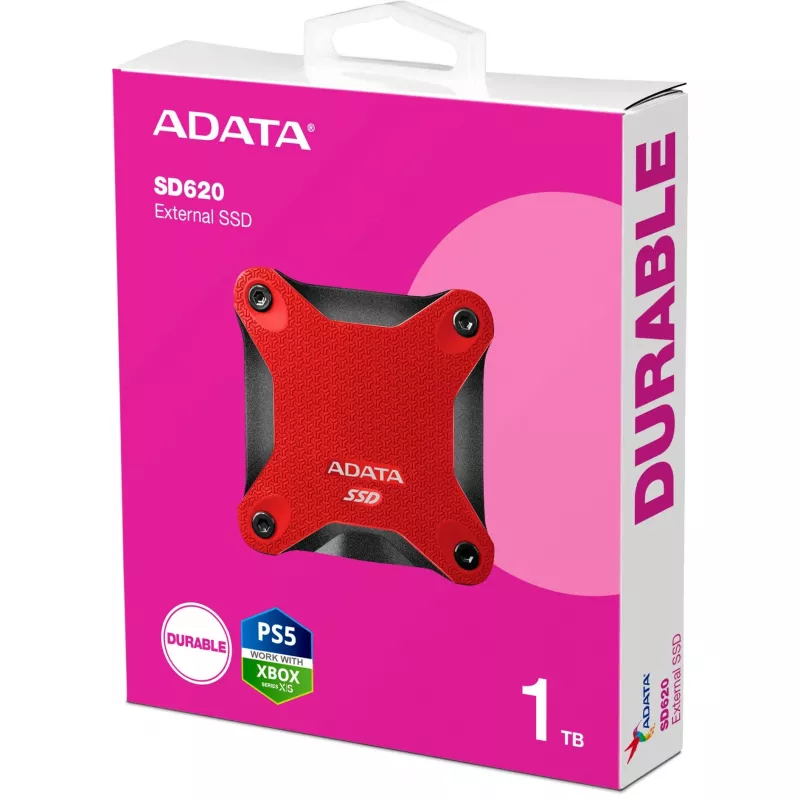 Ārējais SSD ADATA SD620 1 TB, pārnēsājams USB 3.2 Gen 2 (Micro-USB B), lasīšanas ātrums 520 MB/s, rakstīšanas ātrums 460 MB/s, triecienizturīgs, sarkans