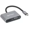 Manhattan USB-C dokstacija/sadalītājs, pieslēgvietas (x4): HDMI, USB-A, USB-C un VGA, ar strāvas padevi (PD) 87W - nepieciešams ārējs USB-C lādētājs (nav iekļauts). Darbināms ar USB (nav nepieciešams ārējs barošanas avots), kad PD netiek izmantots, alumīnija korpuss
