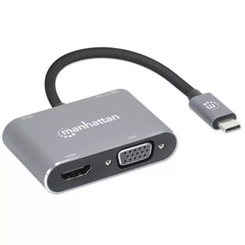Manhattan USB-C dokstacija/sadalītājs, pieslēgvietas (x4): HDMI, USB-A, USB-C un VGA, ar strāvas padevi (PD) 87W - nepieciešams ārējs USB-C lādētājs (nav iekļauts). Darbināms ar USB (nav nepieciešams ārējs barošanas avots), kad PD netiek izmantots, alumīnija korpuss