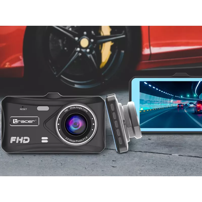Dashcam TRACER 4TS Full HD divkanālu videoreģistrators, 2 MP galvenā, 0,4 MP salona, 140°/60° leņķi, 4 collu IPS Displejs, 150 mAh Baterija, alumīnija korpuss, palīgsistēma stāvēšanai