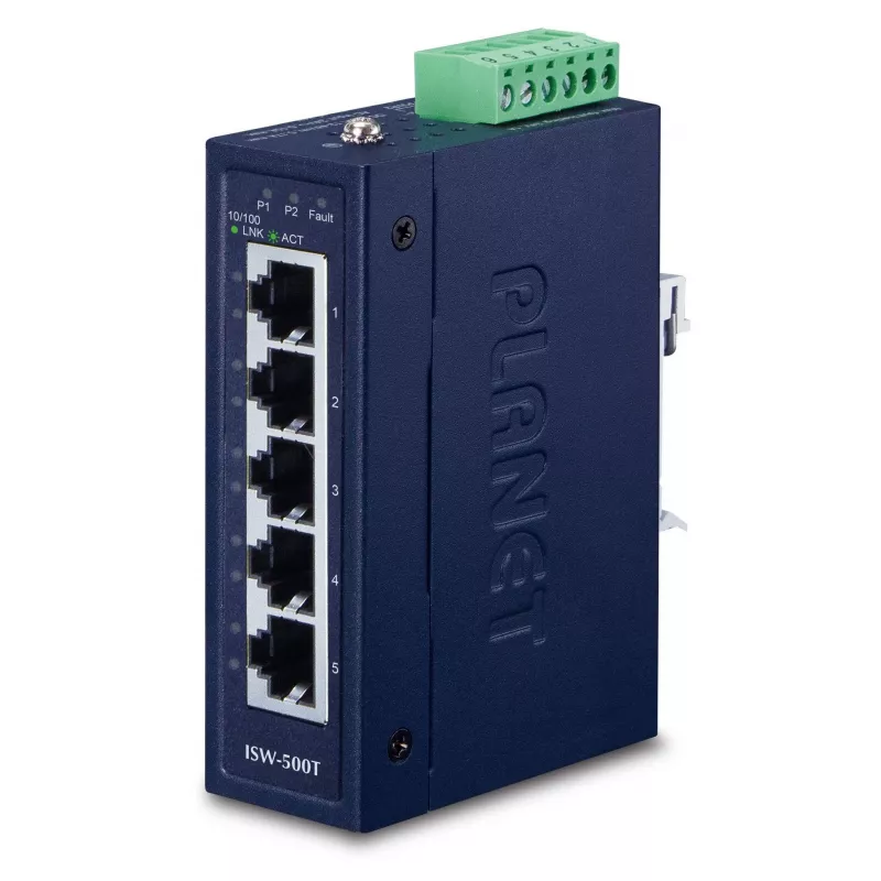 Tīkla slēdzis PLANET ISW-500T, nepārvaldāms 5 portu Fast Ethernet (10/100), 12–48 V, zils