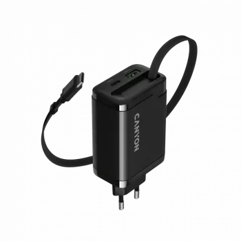 Lādētājs CANYON OnCharge 65RC ar iebūvētu USB-C vadu, 65W, 1x PD, 1x QC, ES kontaktdakša, melns