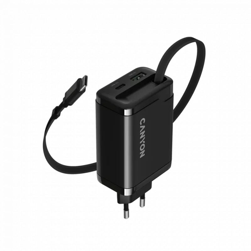Lādētājs CANYON OnCharge 65RC ar iebūvētu USB-C vadu, 65W, 1x PD, 1x QC, ES kontaktdakša, melns