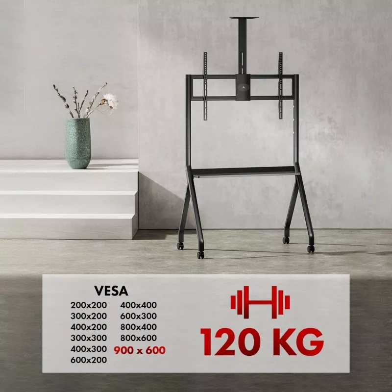TV statīvs MACLEAN MC-114 B pārnēsājams grīdas statīvs 55–100 collu ekrāniem, maksimālā slodze 120 kg, VESA 200x200–900x600, augstums 115–152 cm, melns, plaukts