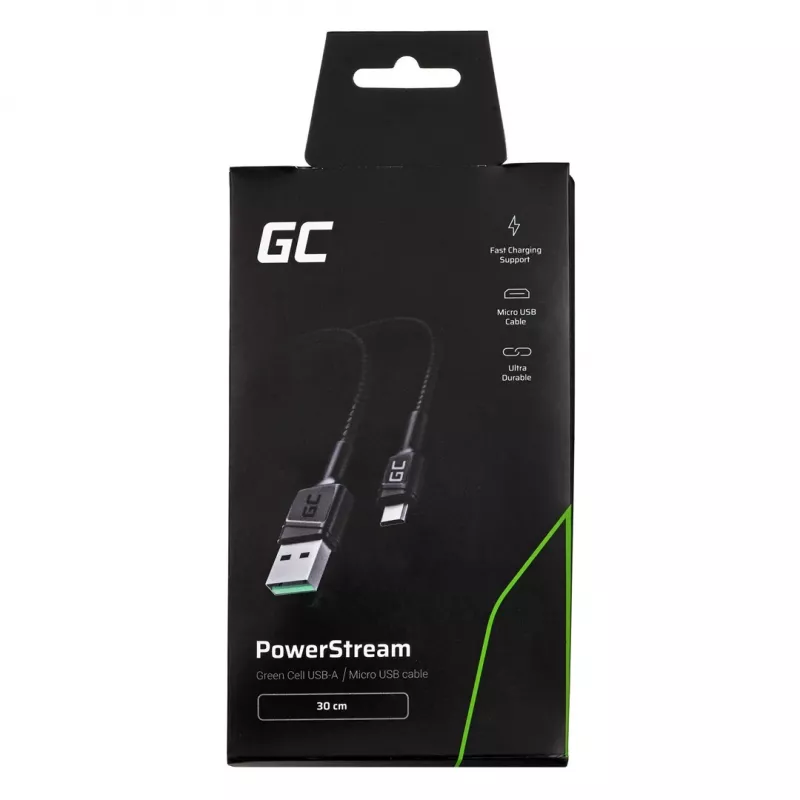 USB 2.0 kabelis zaļa Cell KABGC23, USB A uz Micro-USB B, 0,3 m, melns