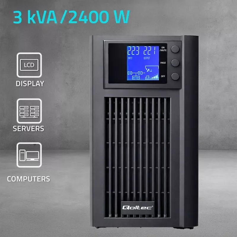 UPS QOLTEC Pure Sine Wave 3kVA 2400W ar AVR un LCD displeju