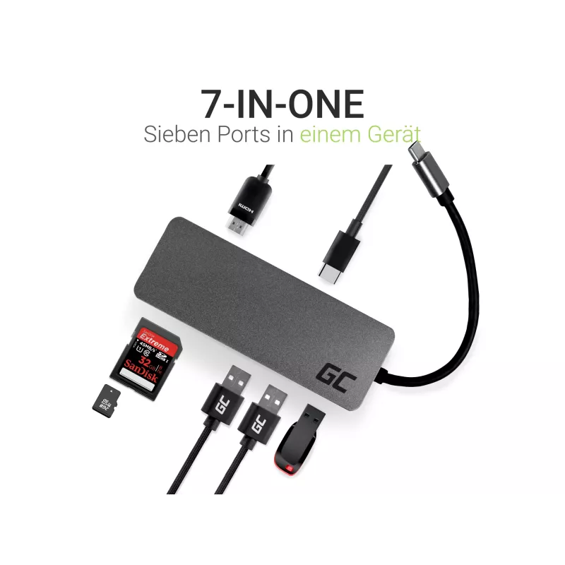 Green Cell AK50 - USB 3.2 Gen 1 (3.1 Gen 1) Type-C - USB 2.0 - USB 3.2 Gen 1 (3.1 Gen 1) Type-A - USB 3.2 Gen 1 (3.1 Gen 1) Type-C - microSD (TransFlash) - SD - sudrabains - Apple MacB
