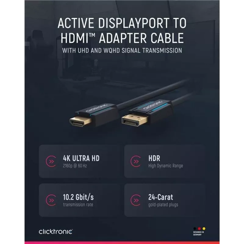 Clicktronic Casual DisplayPort/HDMI™ adaptera kabelis, 2 m — īpaši ātrgaitas kabelis — DisplayPort / HDMI™ — 4K@60Hz (44924)