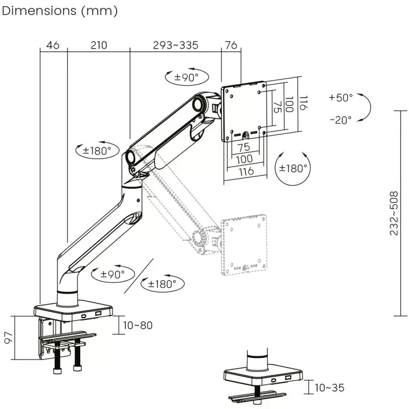 Monitora kronšteins DIGITUS Single, skava, līdz 49 collām (124,5 cm), 20 kg, VESA 75x75–100x100, slīpums -20° līdz 50°, augstumā regulējams, melns
