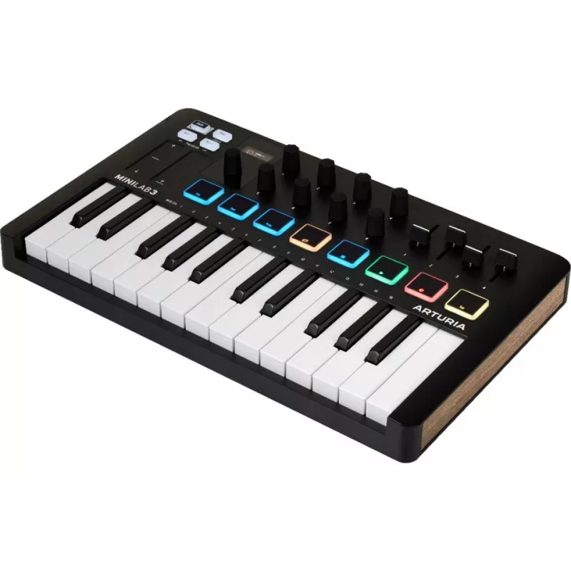 MIDI kontrolieris ARTURIA MiniLab 3 — 25 taustiņu kompakta USB MIDI tastatūra ar MIDI izeju, daudzkrāsu fona apgaismojuma paliktņiem