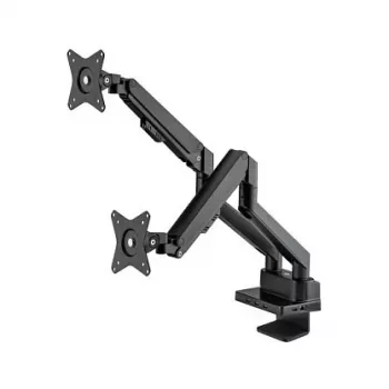 Manhattan Dual Desk Mount for TV & Monitors (Full Motion Gas Spring) ar iebūvētu dokstaciju, Ekrāniem līdz 27 collām, Porti (x7): Ethernet, HDMI (x2), USB-A (x3) un USB-C, Strāvas padeve (100 W) uz USB-C portu (Nepieciešams atsevišķs USB-C sienas lādētājs/kabelis), VESA: 75x75 un 100x100 mm