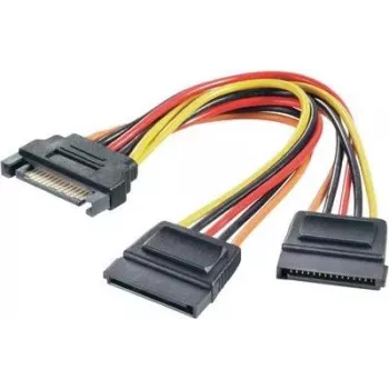 Strāvas Y veida adapteris Renkforce 1× SATA strāvas spraudnis 15 kontaktu uz 2× SATA strāvas ligzdām 15 kontaktu, 0,15 m, melns/sarkans/dzeltens