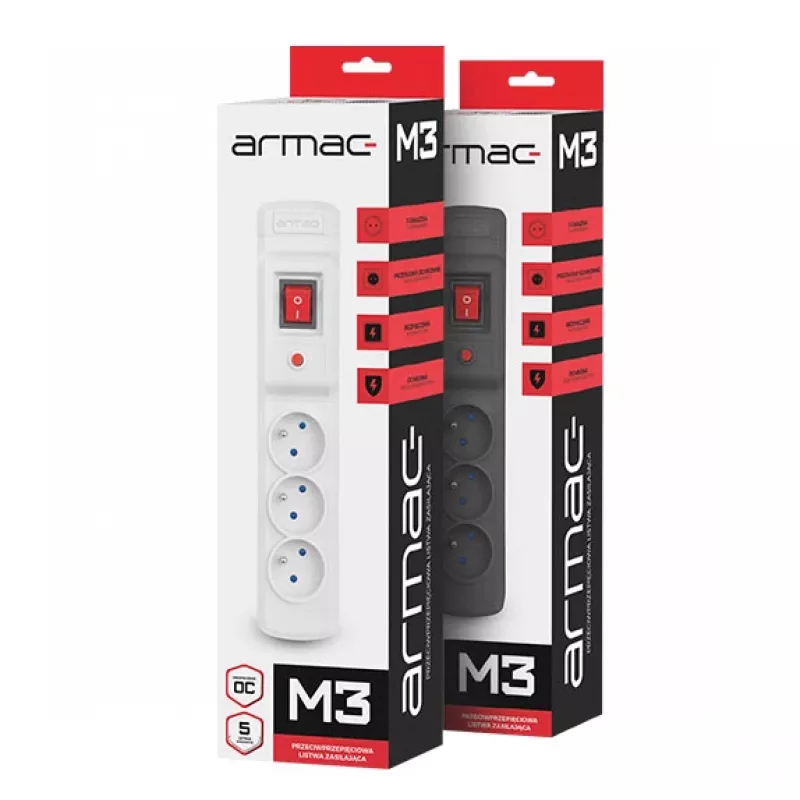 Strāvas sadalītājs ARMAC Multi M3 ar 3 rozetēm un 5 m kabeli, pelēks