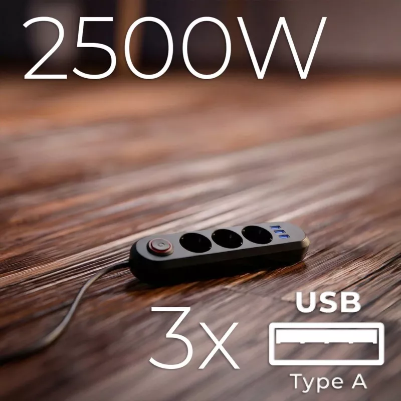Strāvas sadalītājs MACLEAN MCE394 B — 3 rozetes + 3×USB A, 110–240 V, 2,1 A USB, 2500 W, 1,5 m kabelis, melns