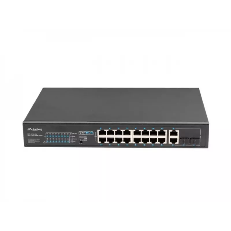 Nepārvaldāms slēdzis LANBERG RSFE-16P-2C-250 — 18 portu Gigabit, 16x PoE+ (30W), 2x SFP, 250W, 1U, metāls, stiprināšana statīvā