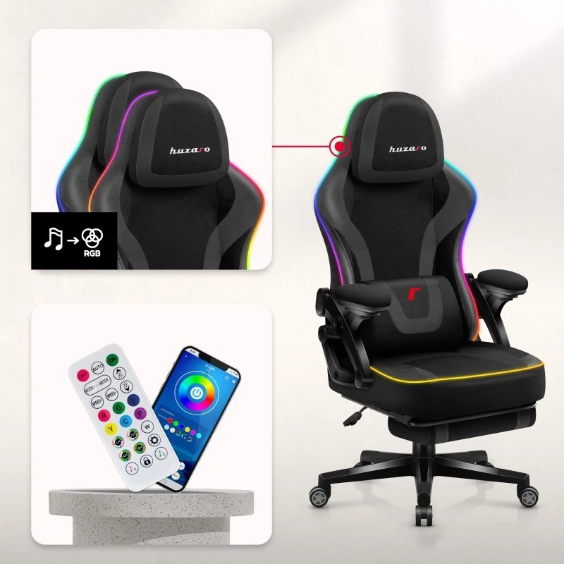 Spēļu krēsls huzaro HZ-FORCE 4.6 RGB Melns Mesh — ergonomisks, regulējams augstumā, RGB apgaismojums, auduma sēdeklis, maks. 130 kg