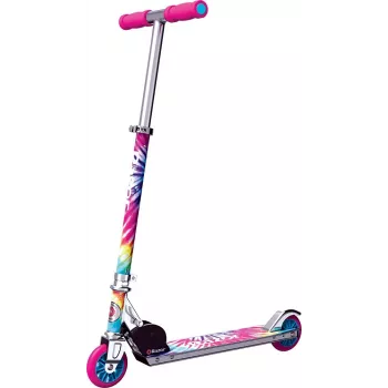 Bērnu skrejritenis Razor A Tie-Dye — alumīnija salokāms 2 riteņu skrejritenis, regulējama stūre, ABEC-5, maksimālā slodze 65 kg