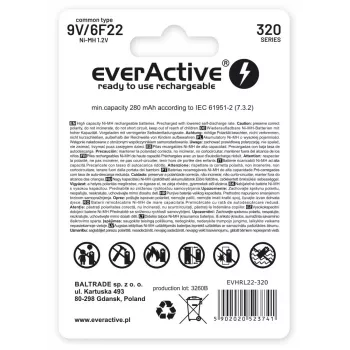 Uzlādējamā baterija everActive EVHRL22-320 9V NiMH prizmatiskā 8,4 V, 55 g, 48,5 mm