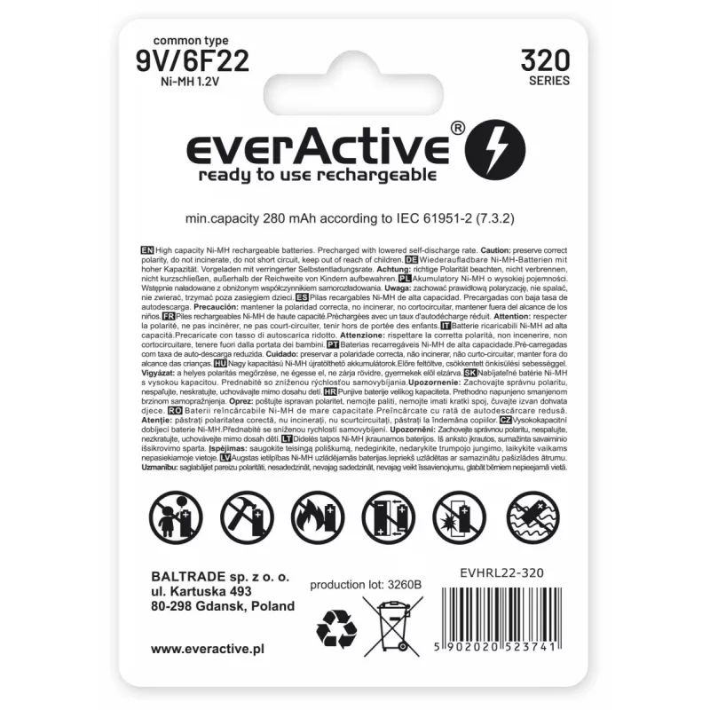 Uzlādējamā baterija everActive EVHRL22-320 9V NiMH prizmatiskā 8,4 V, 55 g, 48,5 mm