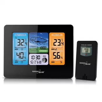 Digitālā meteoroloģiskā stacija GreenBlue GB526 melna — iekštelpu -20…60 °C, āra -40…70 °C, mitrums -20…95%, pulkstenis, mēness fāze