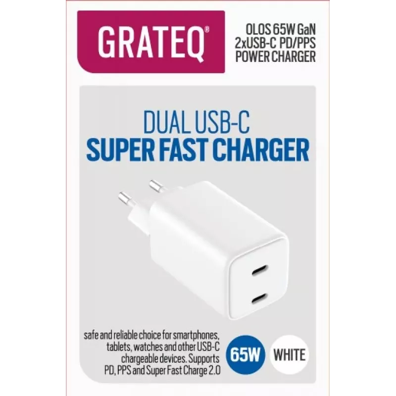 Lādētājs GRATEQ OLOS PD/PPS 2xUSB-C 65W ātrā strāvas lādētājs 35W