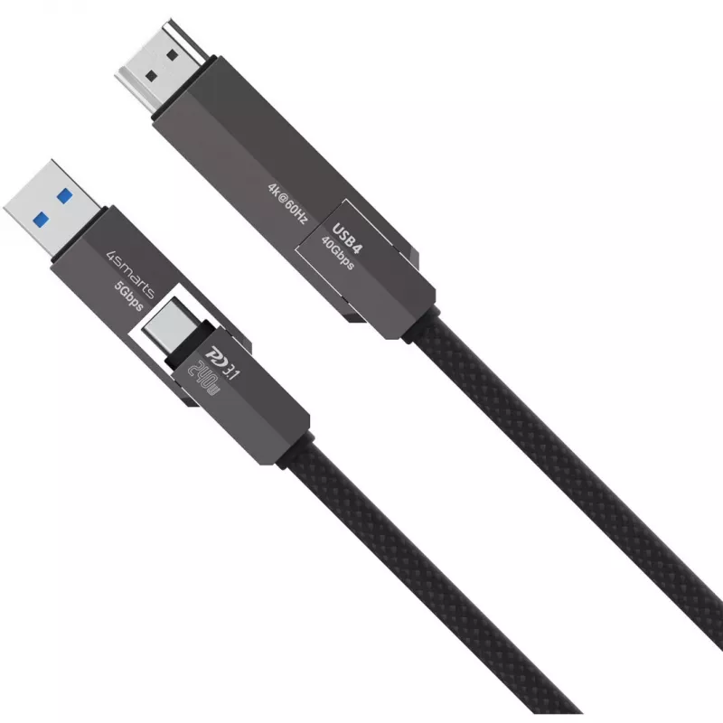 USB4 HDMI kabelis 4smarts ComboCord 240W 1,5 m – USB4 uz HDMI, 240W strāvas piegāde, 1,5 m garums
