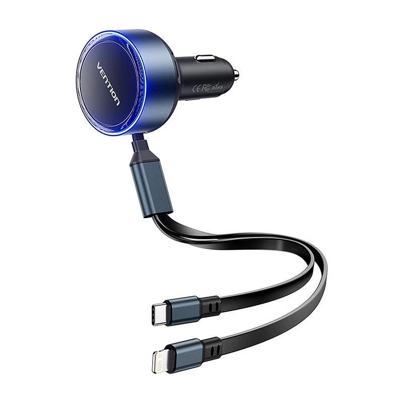 Auto lādētājs Vention FFOB0 30W ar USB‑C uz Lightning kabeli, 30 W jauda iPhone uzlādei