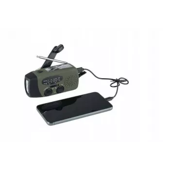 Avārijas radio FOSCO 464600 ar LED lukturīti, ārējo akumulatoru, FM, IPX3, saules/manuālo/USB-C uzlādi — zaļš/melns