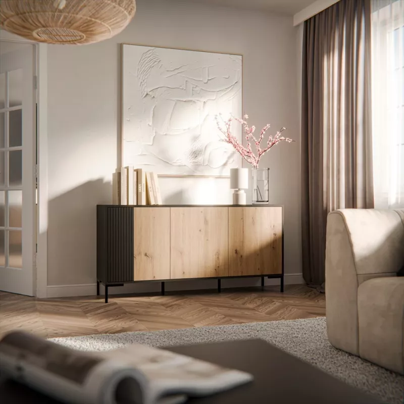Kumode cama meble MERCI 151 x 40 x 74 cm — melna / artisan ozols, skaidu plātne
