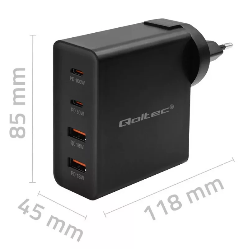 Qoltec GaN POWER PRO Lādētājs | 2xUSB-C | 2xUSB | 130W | 5-20V | 1.5-5A | XP | Melns