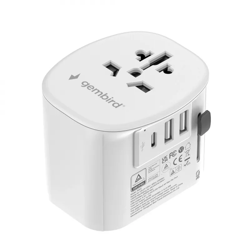 Ceļojumu adapteris GEMBIRD TPA-EU2A1C15-01-W — 15 W, E tipa kontaktdakša, 2× USB-A + 1× USB-C, 100–250 V