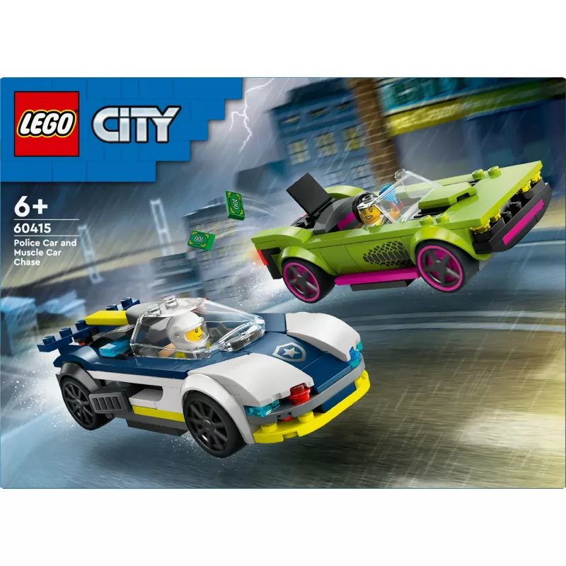 LEGO City rotaļu komplekts 60415 Policijas auto un muskuļauto pakaļdzīšanās — 213 elementi, 2 minifigūras, vecumam 6+