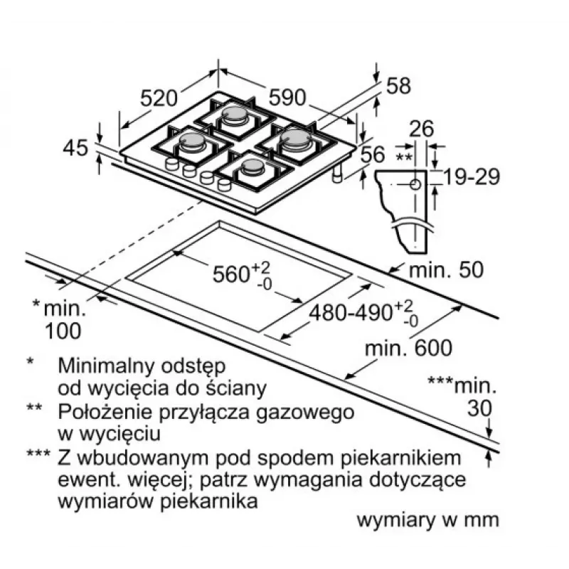 Iebūvējamā gāzes plīts virsma Bosch PPP6A2I40, 4 zonas, čuguna restes, melna, 590×520×54 mm, rotācijas slēdžu vadība