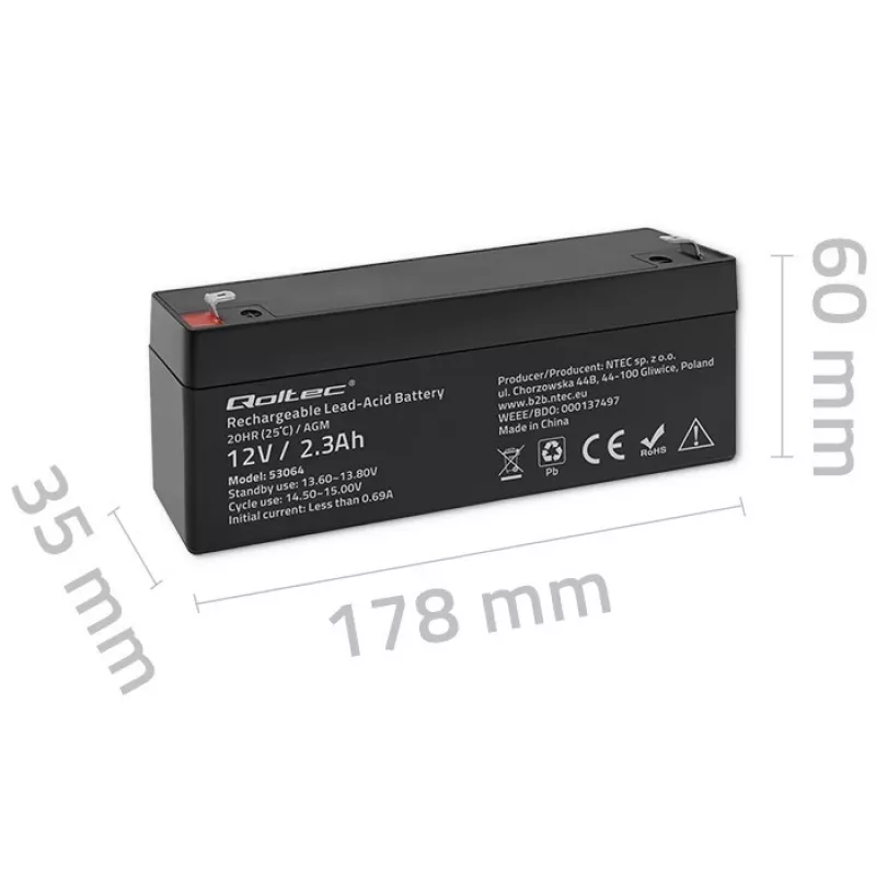 Hermētiska AGM baterija QOLTEC 12V 2.3Ah UPS un rezerves sistēmām, maksimālā izlāde 34.5A