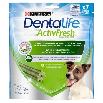 Zobu našķis Purina Nestle Dentalife Active Fresh Small 115 g — zobu kopšanas našķis pieaugušiem mazu šķirņu suņiem (mājputnu gaļa), zobakmens profilakse