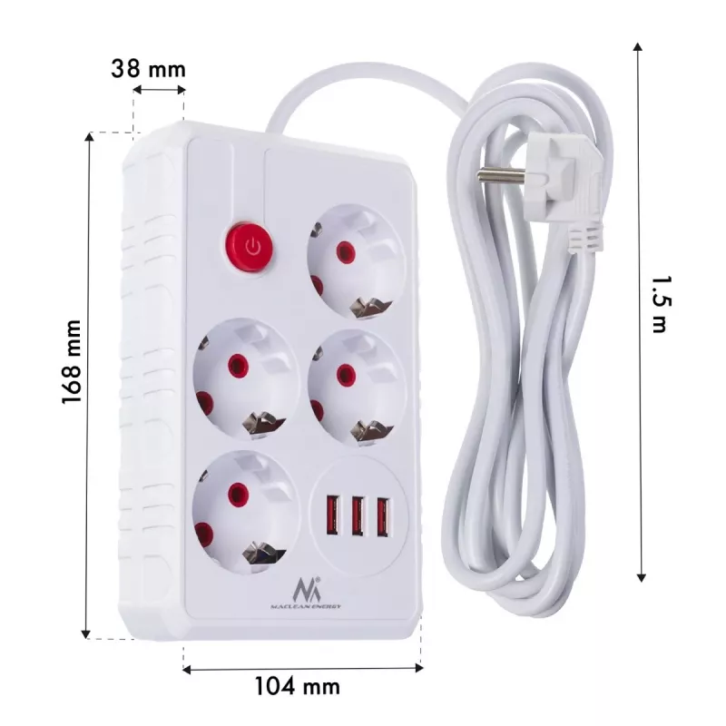 Strāvas sadalītājs MACLEAN MCE392 W — 4 F tipa kontaktligzdas, 3×USB A, 110–240 V, maks. 2,1 A, 2500 W, 1,5 m kabelis, balts
